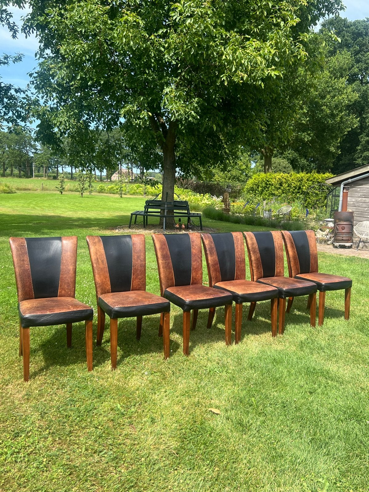 6 eetkamerstoelen schapenleer met zwarte accenten, Huis en Inrichting, Stoelen, Ophalen, Gebruikt, Zwart, Leer