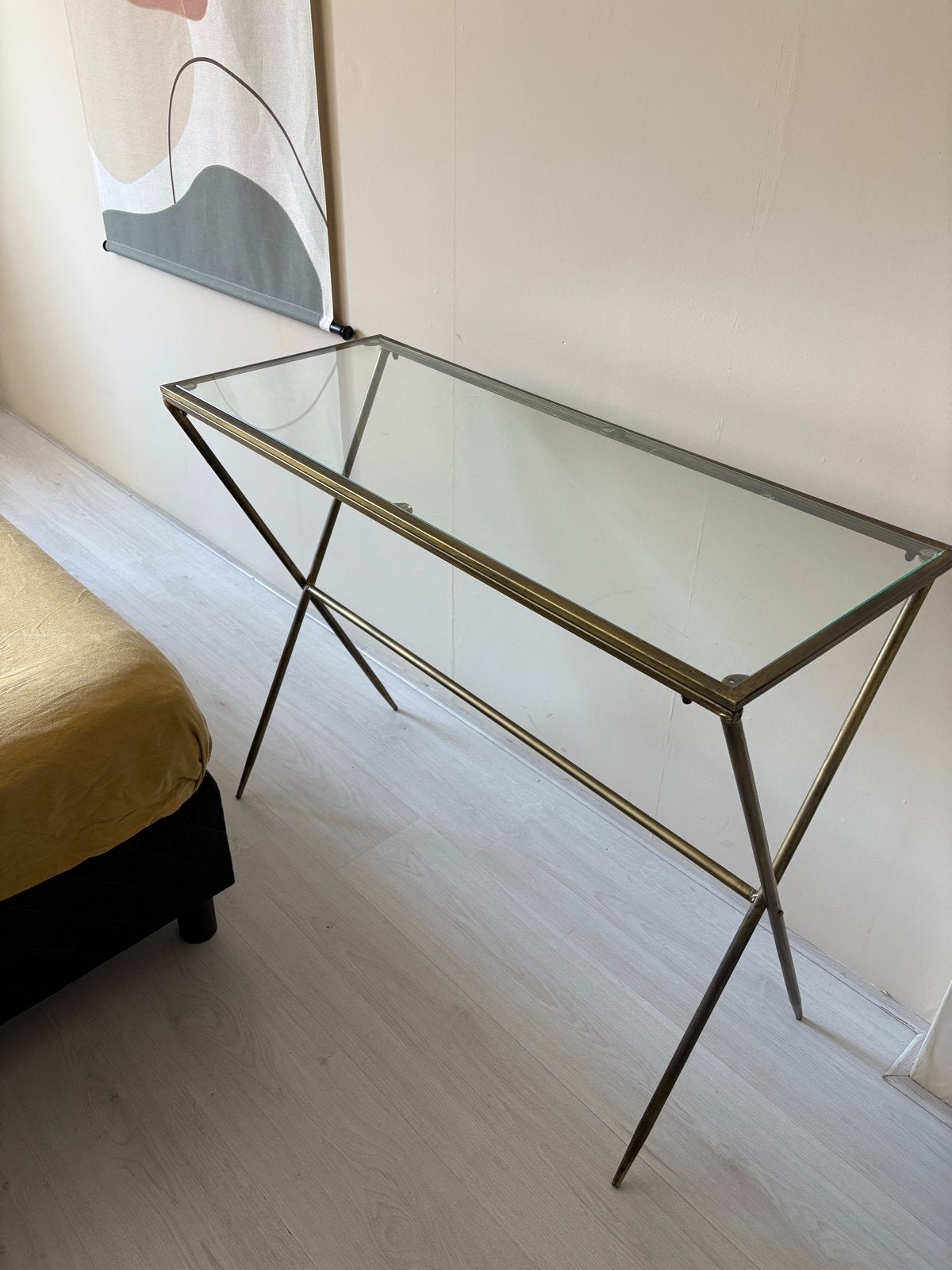 Glazen bijzettafel met metalen frame, Ophalen, Minder dan 55 cm, Gebruikt, Glas