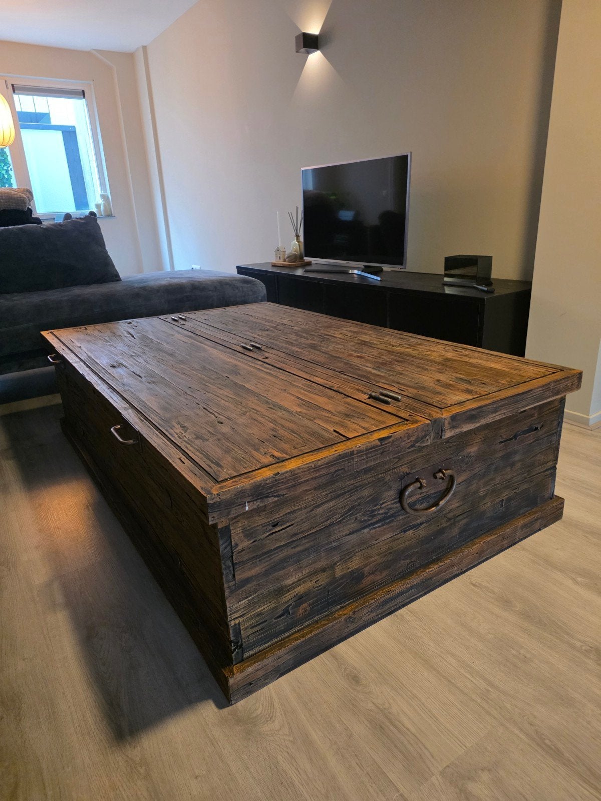 Houten salontafel/kist, Ophalen, 100 tot 150 cm, Rustiek, Industrieel, Robuust, 150 tot 200 cm