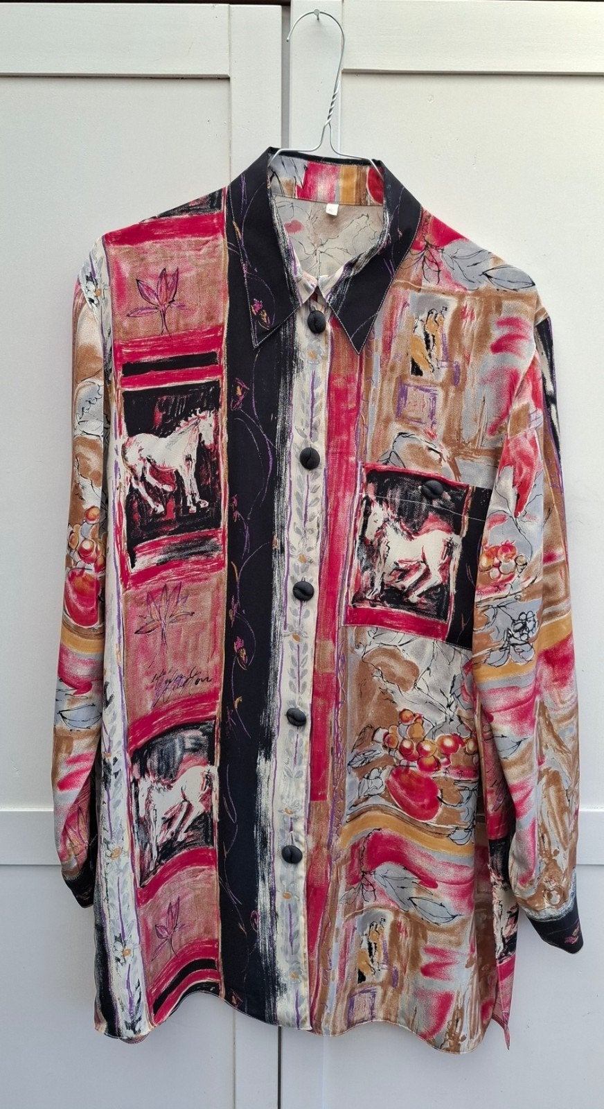 Vintage blouse, maat 40/L - print paard - kleurig - 90s, Maat 38/40 (M), Ophalen of Verzenden, Vintage, ,