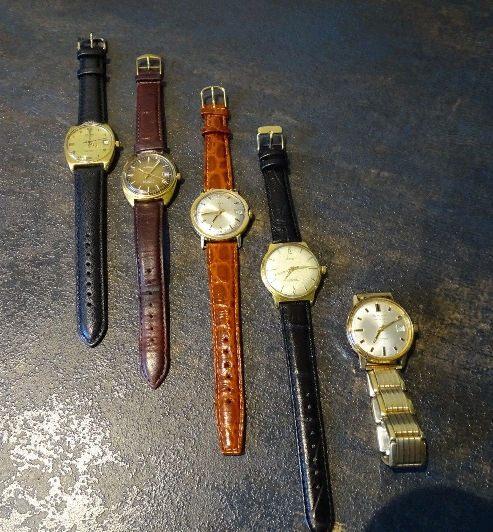 5 Vintage Horloges: 3 Automaten, 2 Handopwinders, Sieraden, Tassen en Uiterlijk, Horloges | Antiek, Overige merken, Met bandje