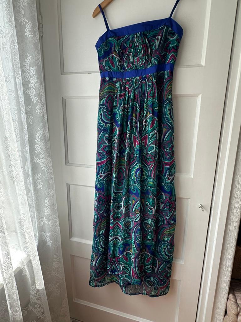 Maxi lange zomerse voile blauwe paisley jurk Jacqueline Ru M, Maat 38/40 (M), Blauw, Ophalen of Verzenden, Zo goed als nieuw