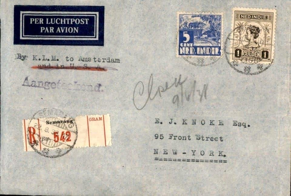 Nederlands Indië - New York - Aangetekend - 1938, Postzegels en Munten, Brieven en Enveloppen | Nederland, Verzenden, Envelop