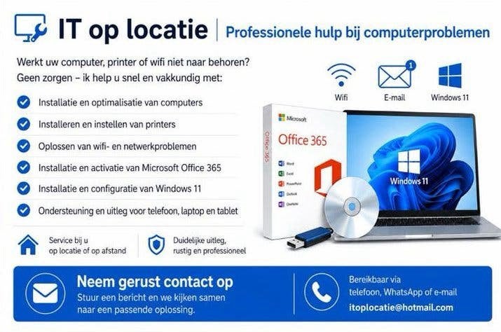 iT op locatie - Hulp met computer, wifi of printer., Computers en Software, Office-software, Ophalen of Verzenden, Nieuw, Windows