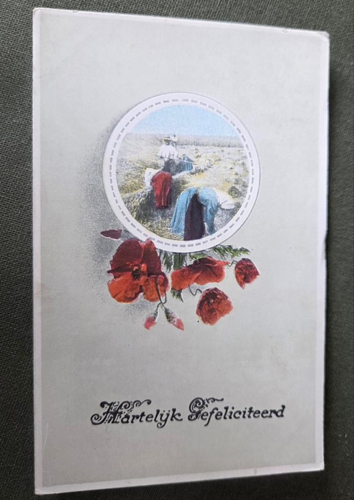 Antieke felicitatiekaart- platteland en klaprozen, Verzamelen, Ansichtkaarten | Themakaarten, Verzenden, Voor 1920, Gelopen, Overige thema's