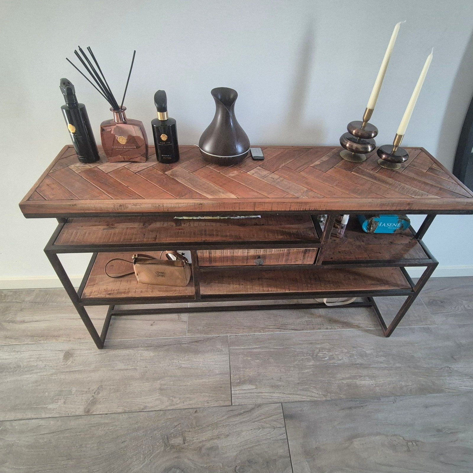 Industriële sidetable/haltafel met lade en planken, Huis en Inrichting, 50 tot 100 cm, Zo goed als nieuw, Industrieel, Ophalen