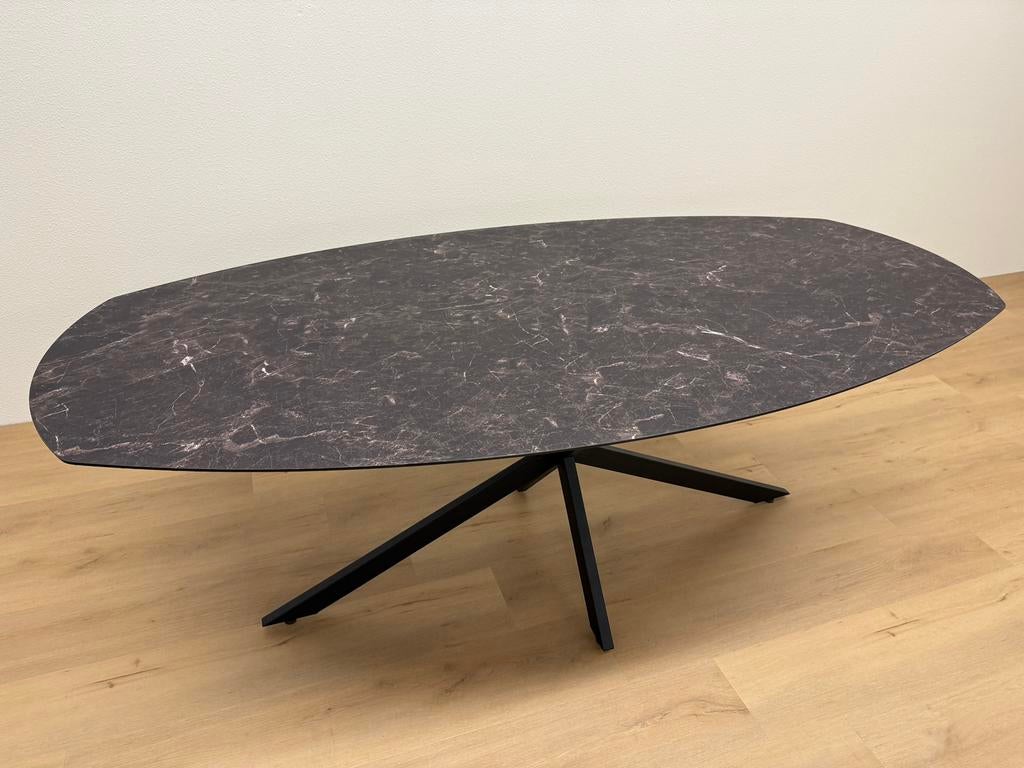 Deens ovale eettafel HPL Marmer 220x110 - Direct Leverbaar, 100 tot 150 cm, 200 cm of meer, Ophalen of Verzenden, Zo goed als nieuw