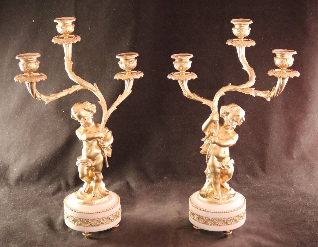 Paar vergulde bronzen kandelaars, Ophalen of Verzenden, Koper of Brons