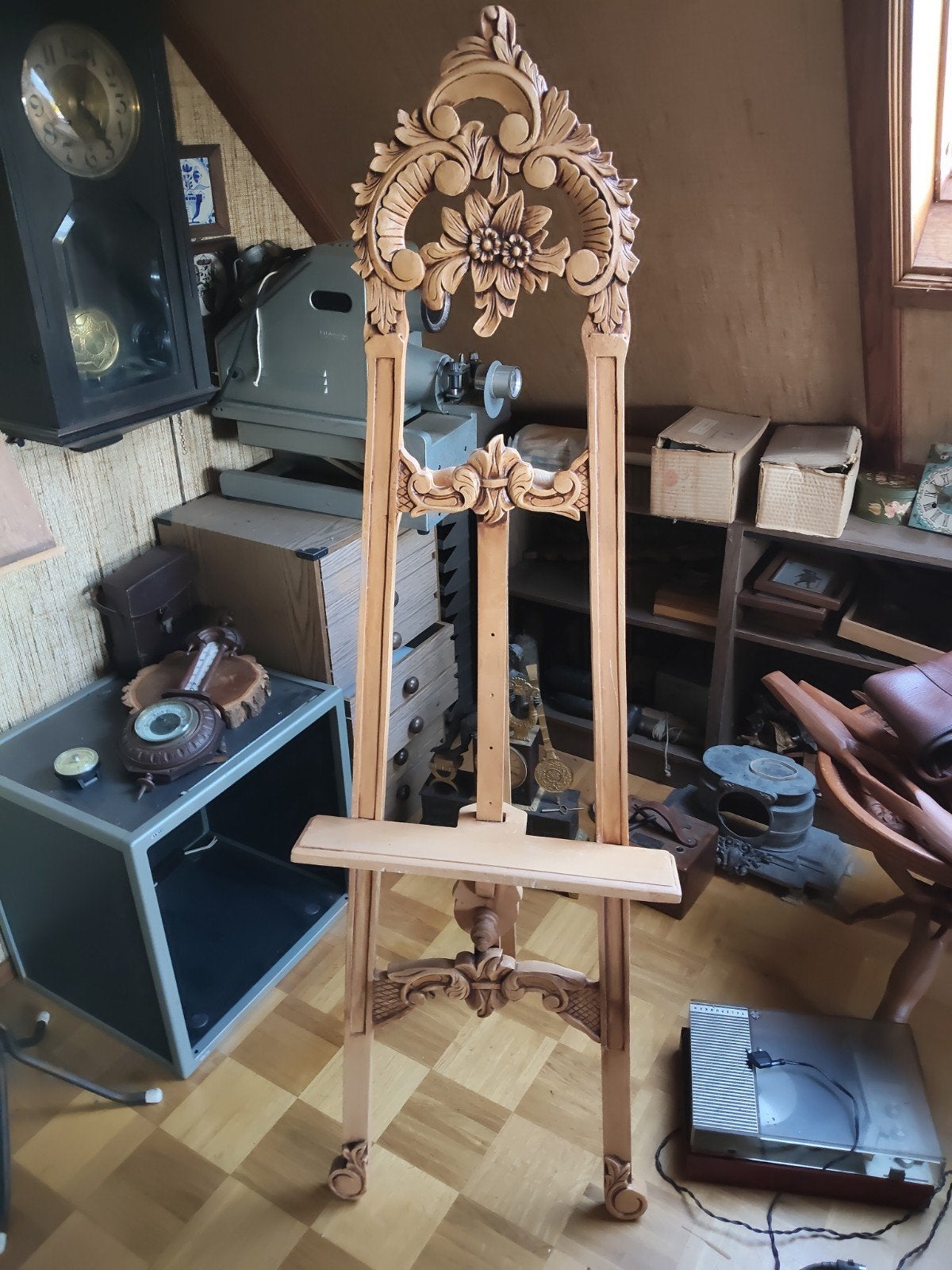 Antieke houten schildersezel met sierlijk houtsnijwerk, Antiek en Kunst, Ophalen of Verzenden