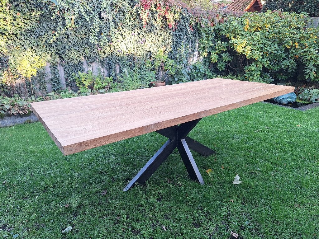 Eetkamertafel Teak met spinpoot staal zwart - 220x95x72cm, Ophalen, Teakhout, 200 cm of meer, Industrieel, Modern