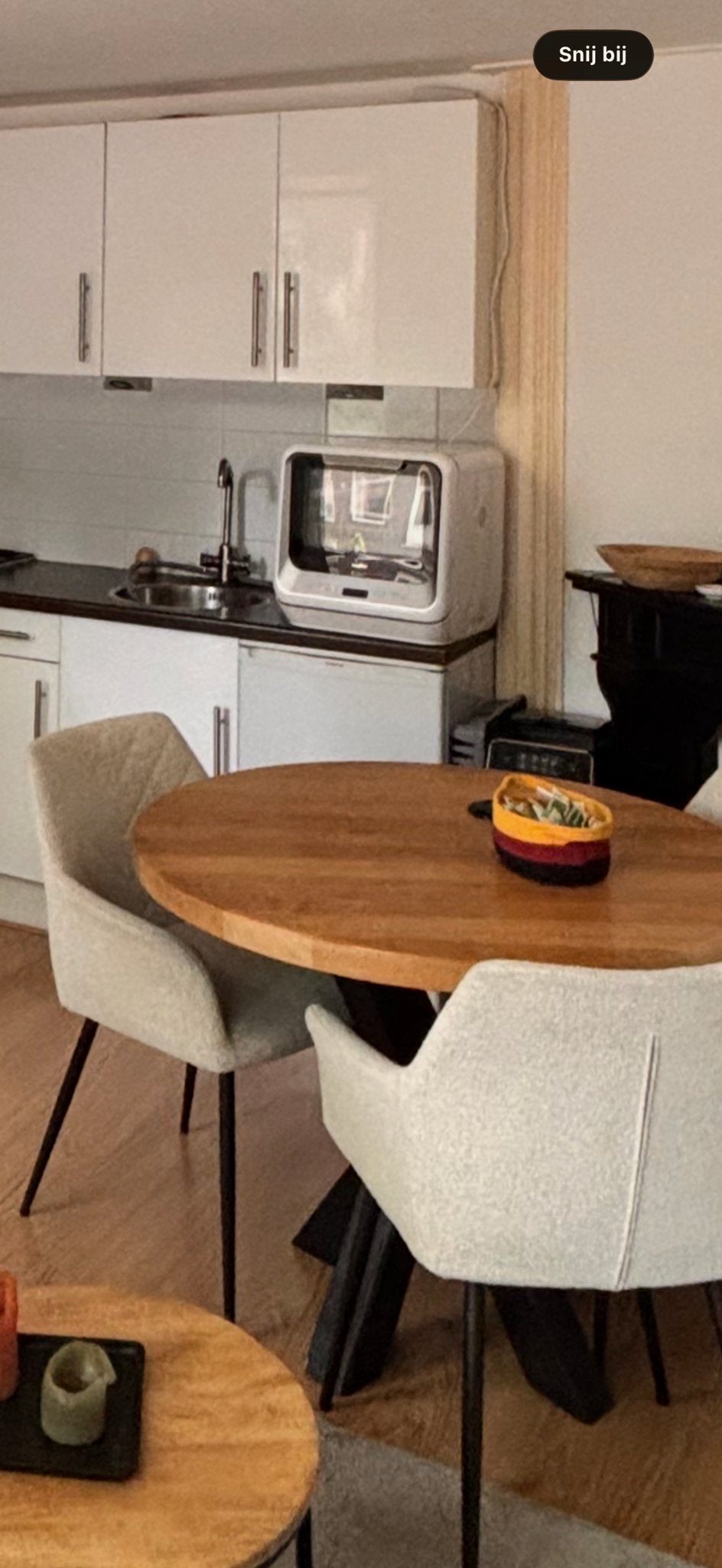 Ronde eettafel met houten blad en metalen poten en 3 stoelen, Ophalen, Gebruikt, 100 tot 150 cm, Rond