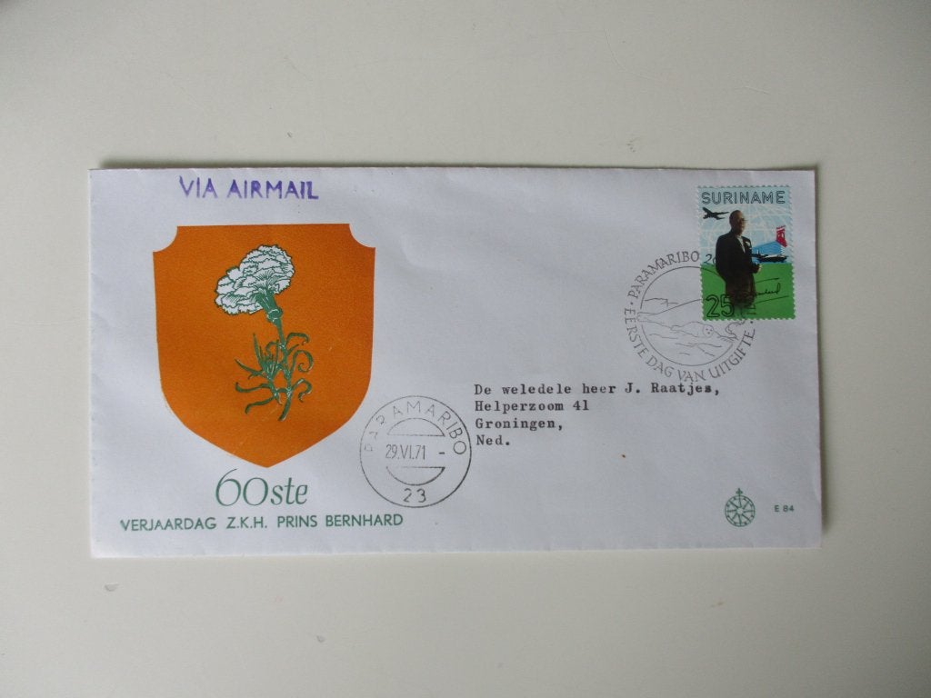 Suriname Eerste Dag Uitgifte envelop Prins Bernhard 1971, Postzegels en Munten, Postzegels | Eerstedagenveloppen, Verzenden, Beschreven