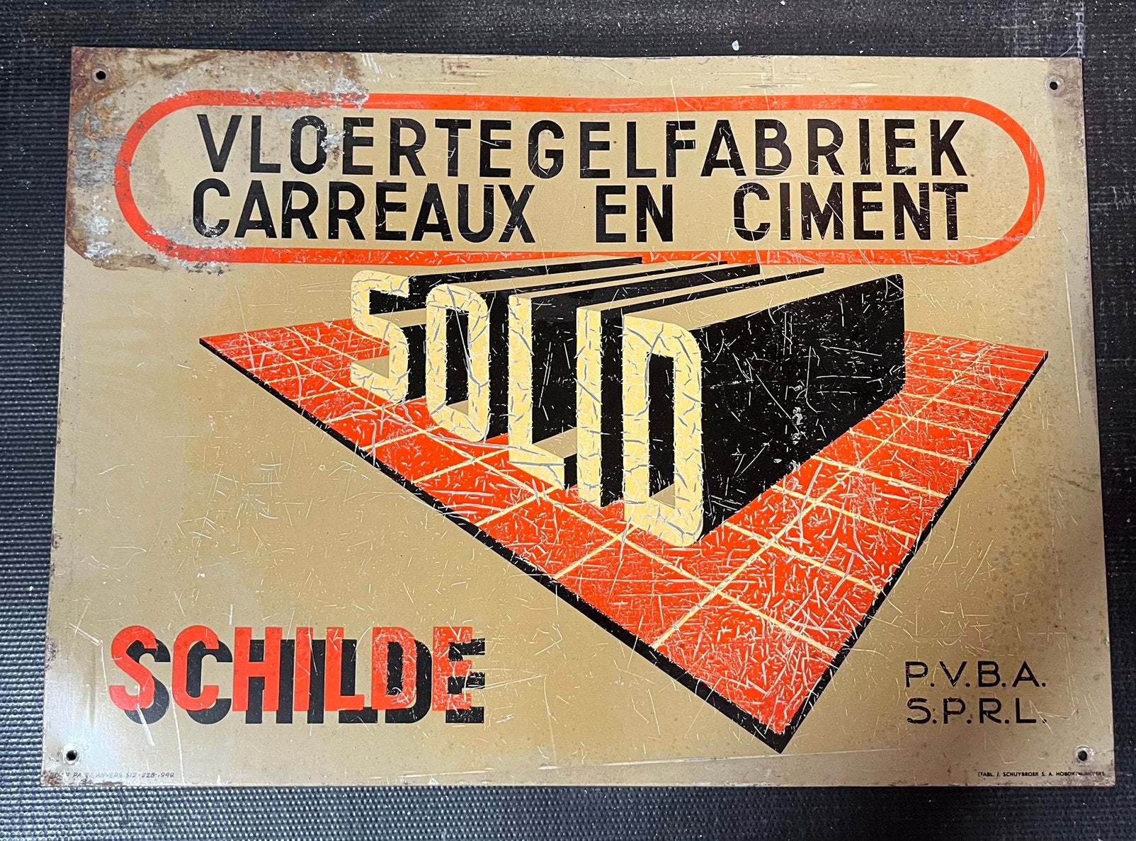 Oud reclamebord Vloertegelfabriek Solid Schilde 1949, Ophalen of Verzenden, Gebruikt, Reclamebord