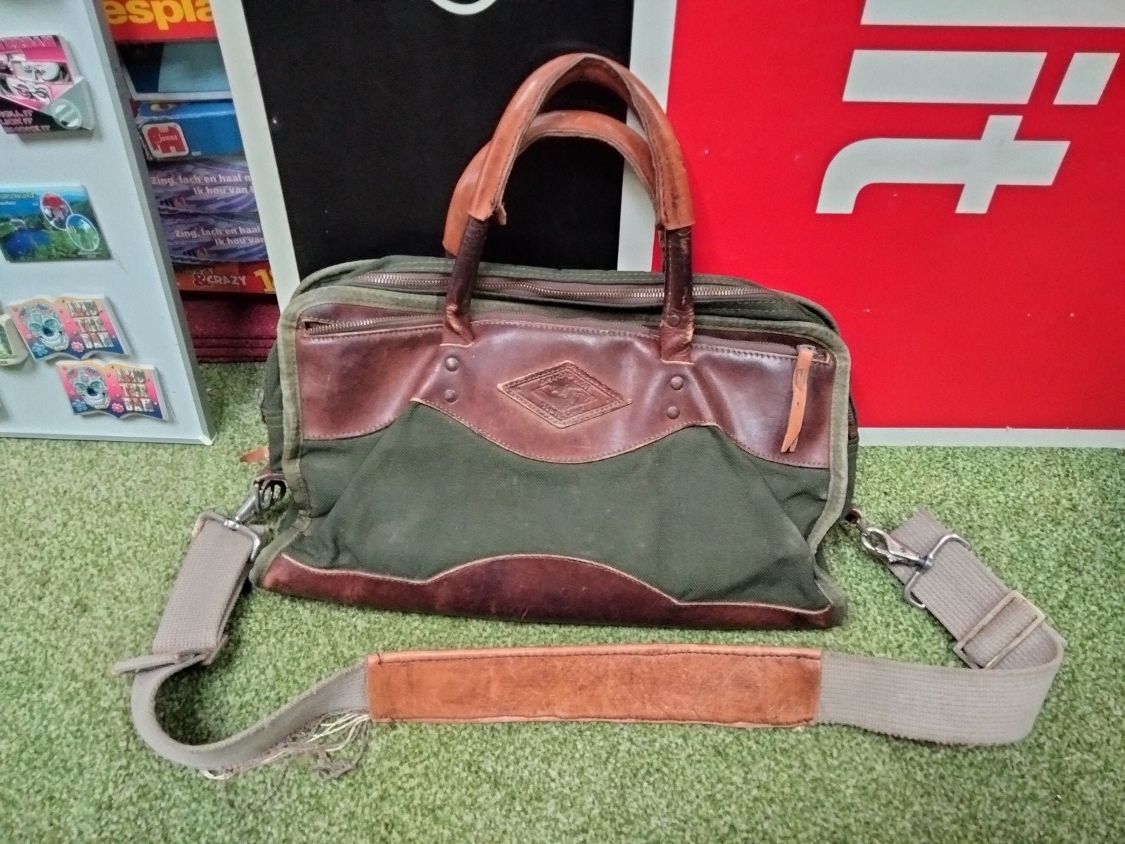 Tas Diamond Bluff groen met leren stukken, Sieraden, Tassen en Uiterlijk, 40 tot 60 cm, Gebruikt, 20 tot 30 cm, Minder dan 35 cm