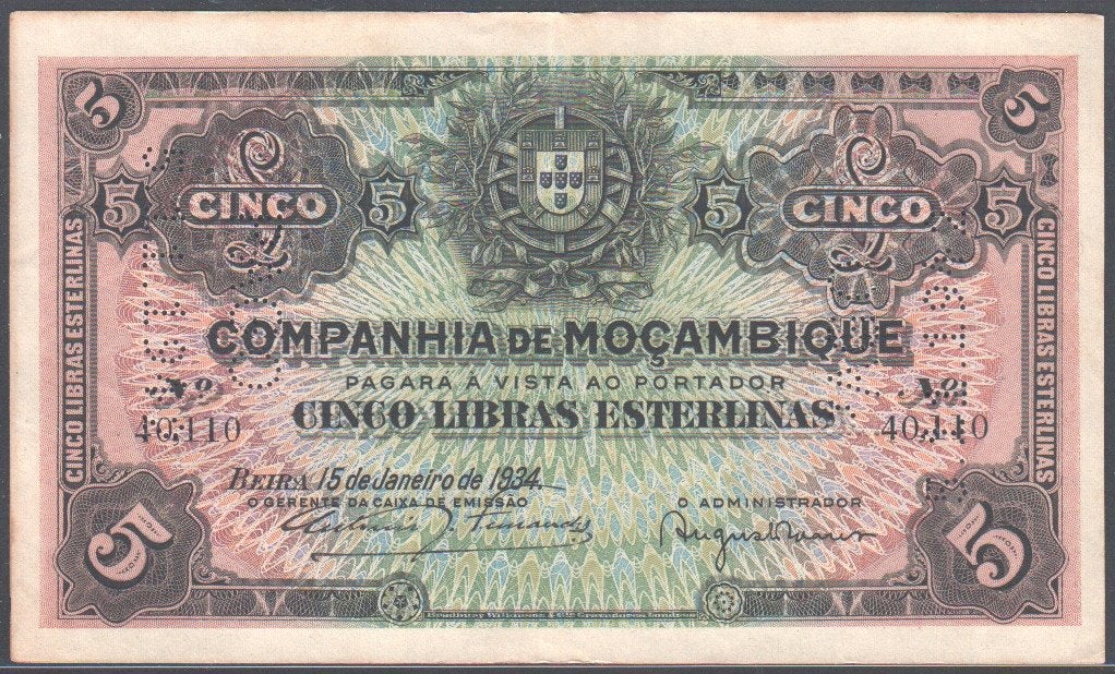 Mozambique 5 Libras Esterlinas 1934  Geperforeerd Pago, Postzegels en Munten, Verzenden, Overige landen, Los biljet