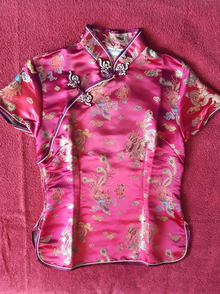 Liang Jing zijden top Chinese blouse/jasje/top paars print, Paars, Ophalen of Verzenden, Zo goed als nieuw, Korte mouw