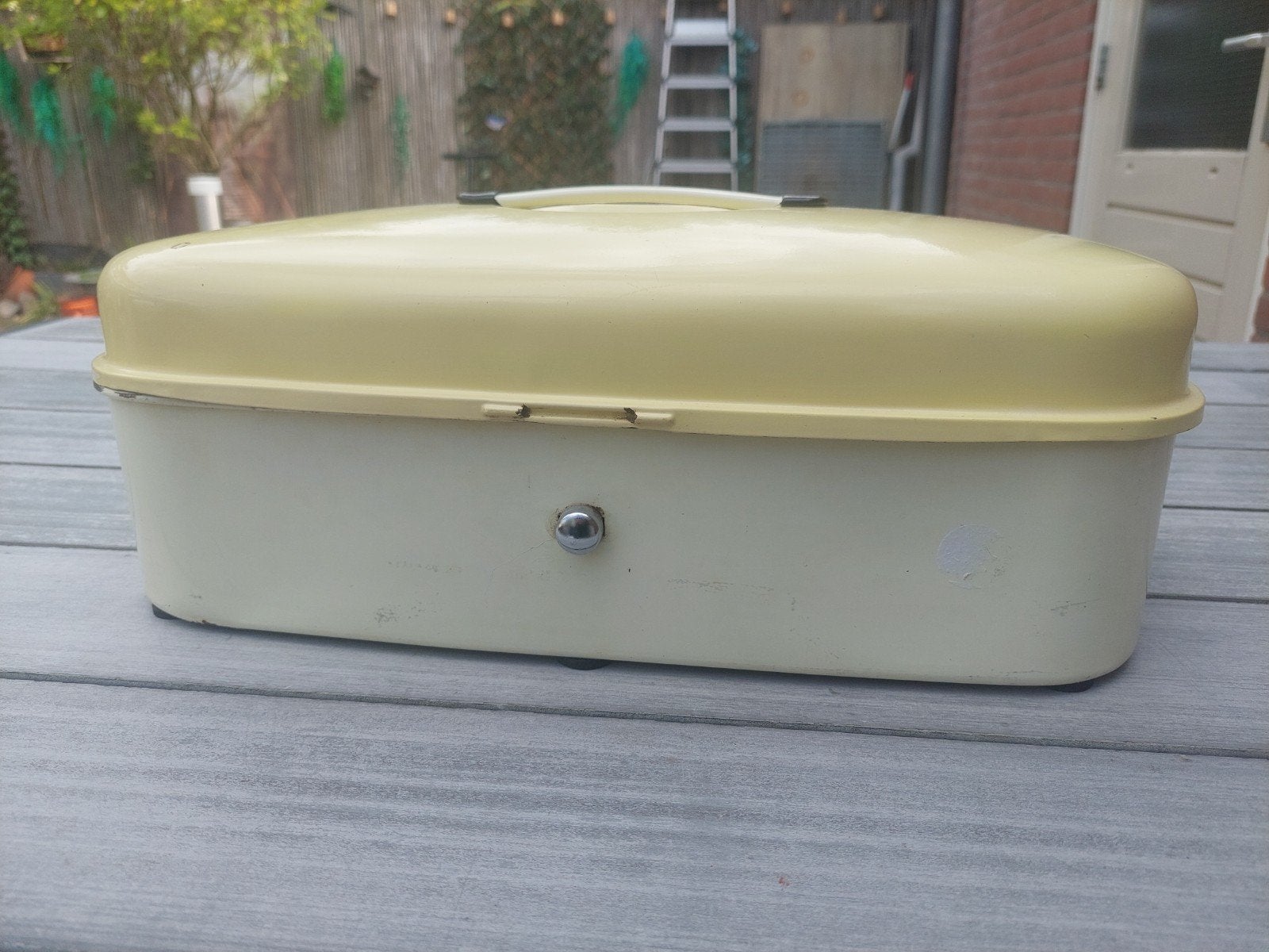 Vintage emaille broodtrommel - Crème/Geel, Ophalen of Verzenden