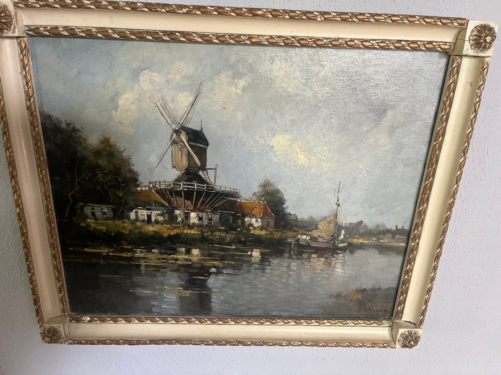 Klassiek Hollands landschap met molen en boot, Antiek en Kunst, Ophalen, Doek, Gesigneerd, Landschap