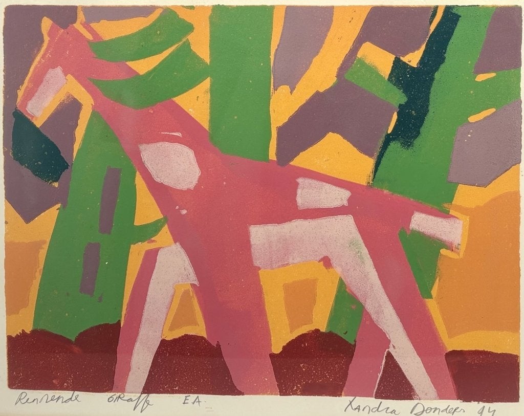 803. Zeefdruk, Xandra Donders - "rennende giraffe", 1994, Ophalen of Verzenden
