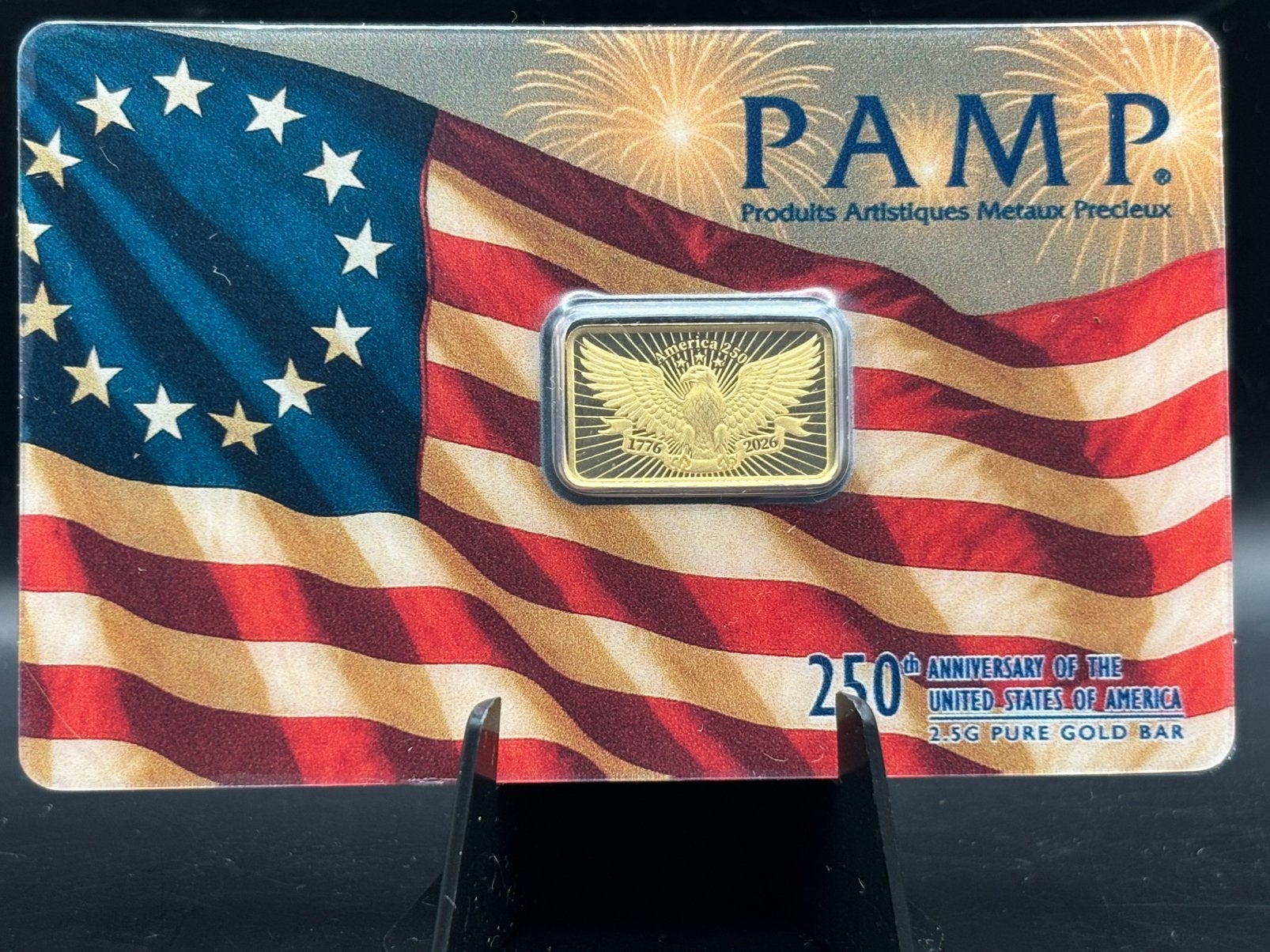 Pamp Suisse 2,5 gram goud baartje - eagle 250 jaar Amerika, Ophalen of Verzenden, Goud