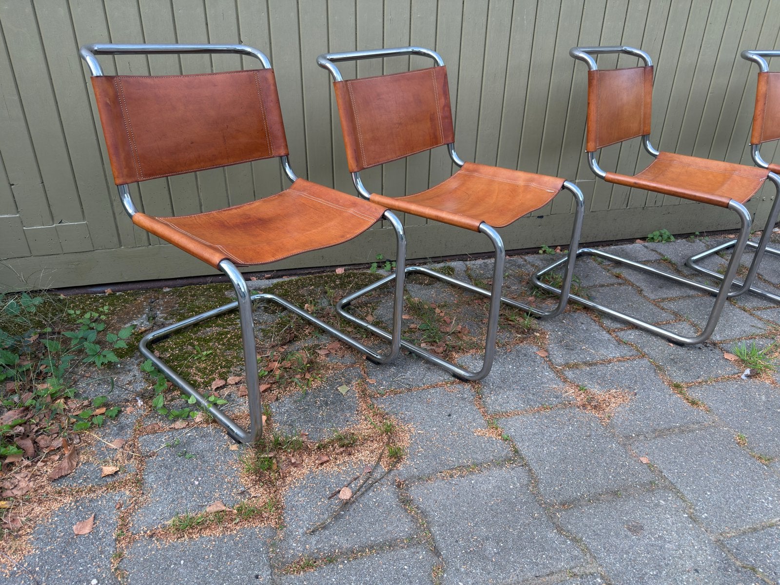 Vintage cognac / bruin slede stoelen – Bauhaus - Italiaans?, Gebruikt, Bruin, Leer, Ophalen of Verzenden