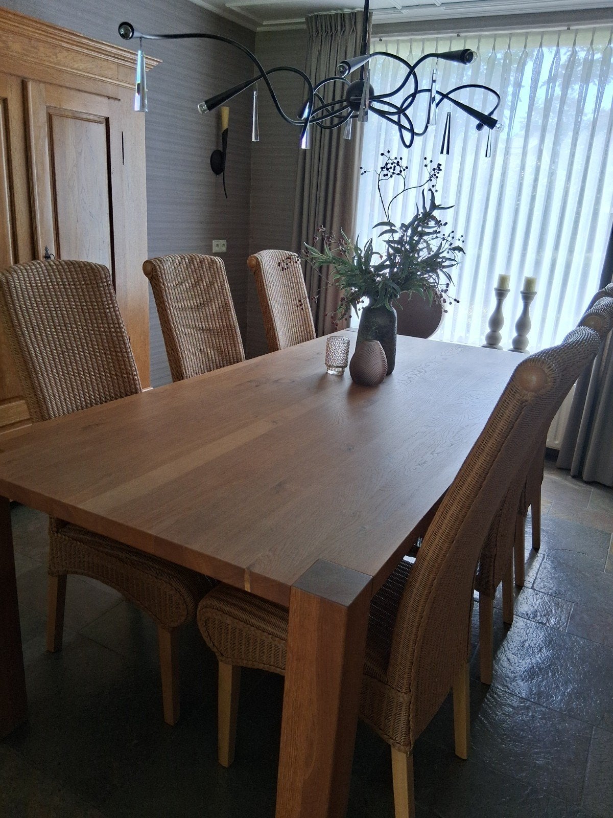 6 Lloyd Loom stoelen of met eiken tafel 2.20 bij 1.00, Huis en Inrichting, Ophalen, Bruin, Modern of klassiek, Riet of Rotan