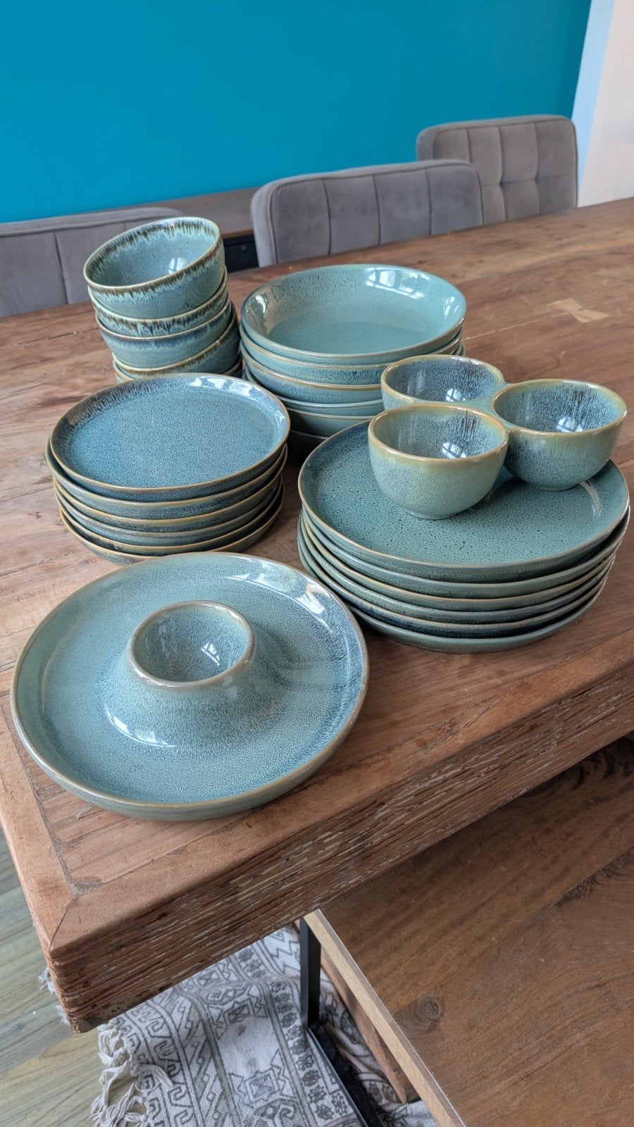 Keramische serviesset – 26-delig – blauw/groen, Ophalen, Zo goed als nieuw, Compleet servies