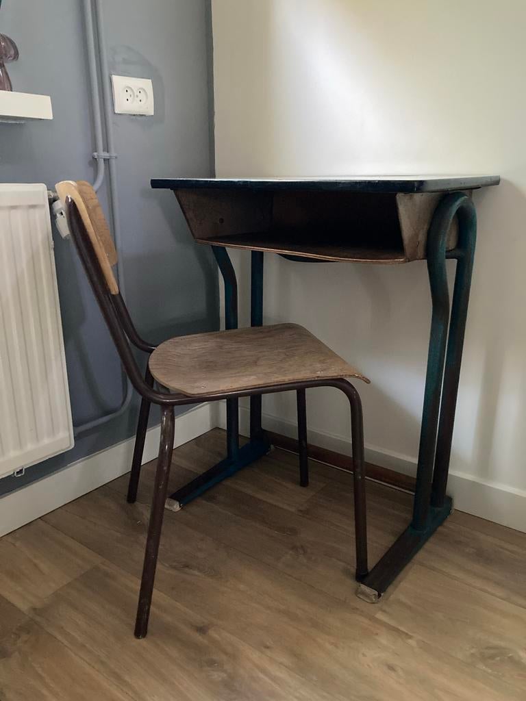 Vintage schoolbankje met stoel - Unieke set!, Ophalen of Verzenden, Gebruikt