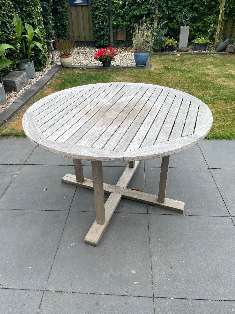 Ronde teak houten tuintafel 120 cm doorsnee, Ophalen, Gebruikt, Rechthoekig, Teakhout
