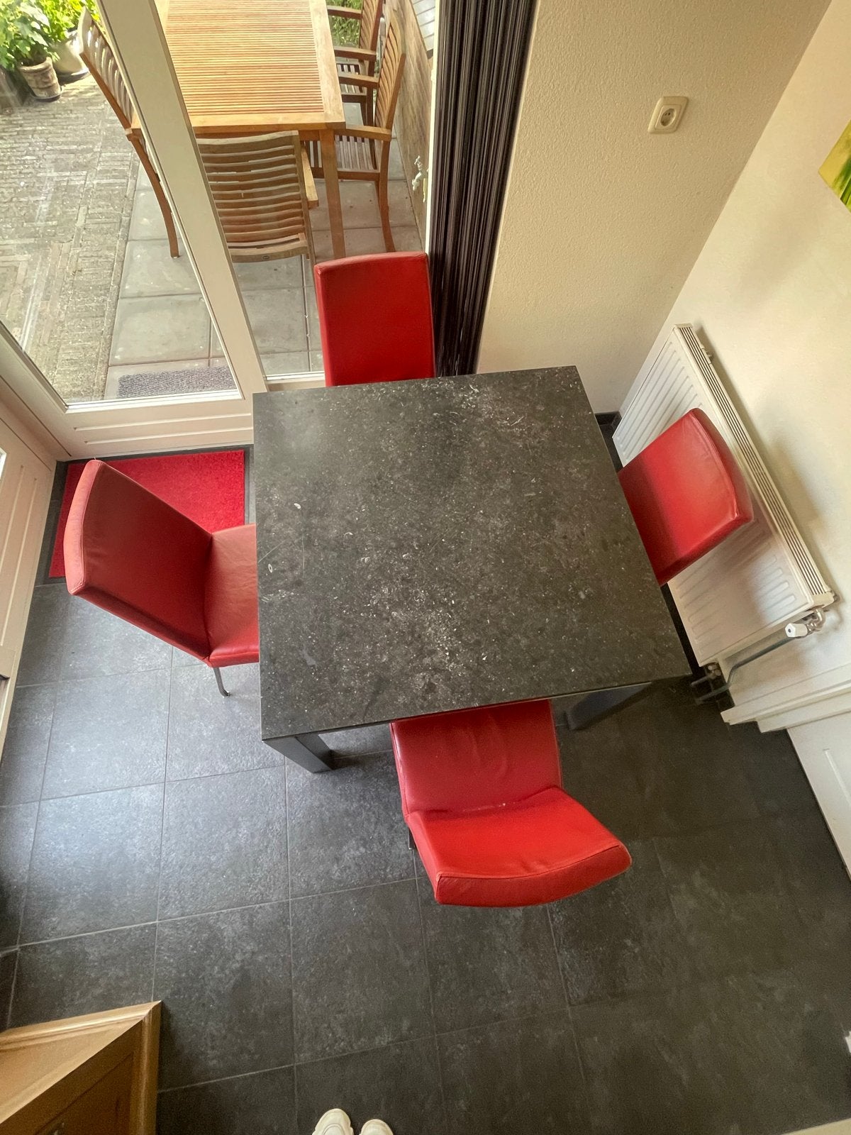 Vierkante eettafel 100x100 cm, hoogte 75,5 cm, Huis en Inrichting, Ophalen, Gebruikt, 100 tot 150 cm, Vierkant