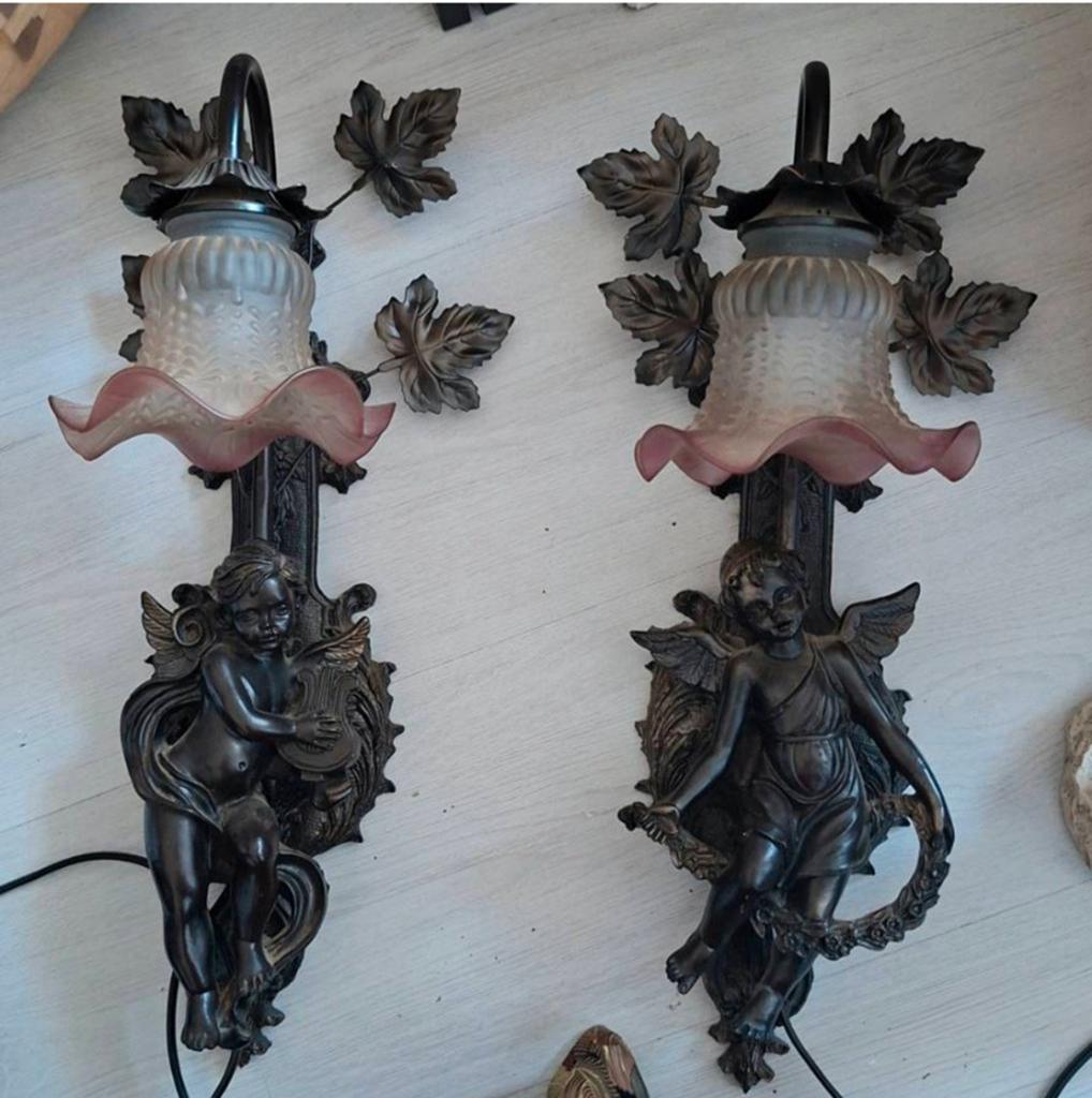 Set van 2 Barok/Rococo Engelenlampen met Roze Glazen Kappen, Ophalen