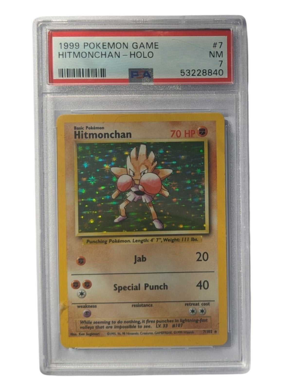 1999 Pokémon Game Hitmonchan - Holo PSA 7 NM, Ophalen of Verzenden, Zo goed als nieuw, Losse kaart, Foil