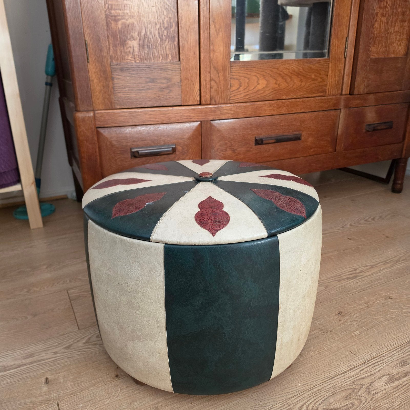 Vintage Naaipoef / Naaidoos - Groen/Crème met Patroon, Hobby en Vrije tijd, Naaien en Fournituren, Ophalen