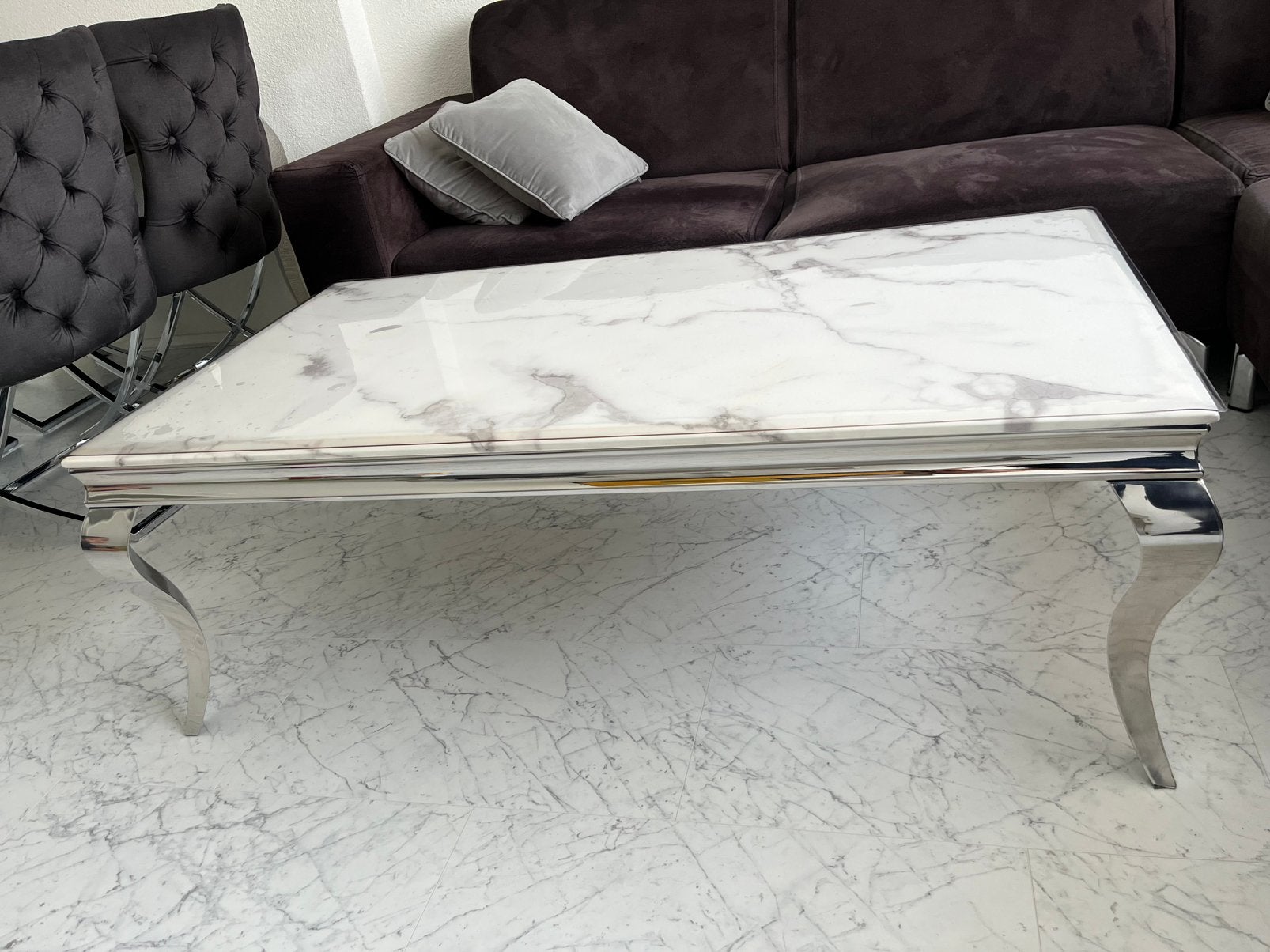 Salontafel, eettafel en tvtafel marmerlook met zilverepoten, Ophalen, Gebruikt, 50 tot 100 cm, 150 tot 200 cm