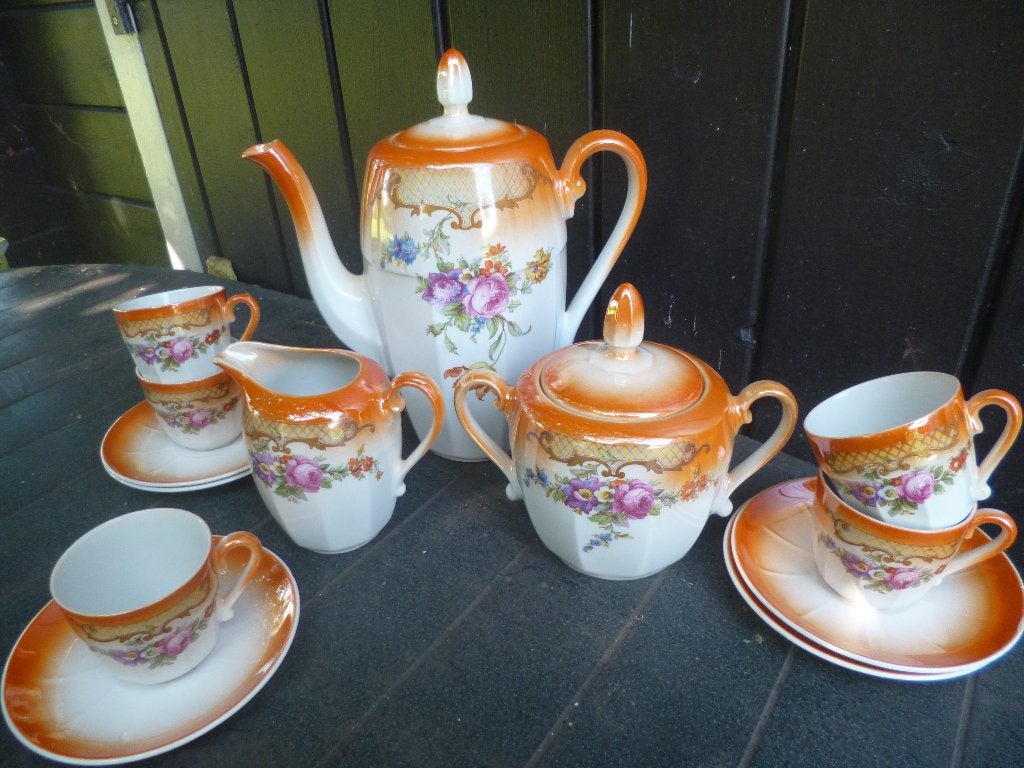 Oranje Parelmoer Koffieserviesje bloemboeket met roze roosje, Ophalen of Verzenden