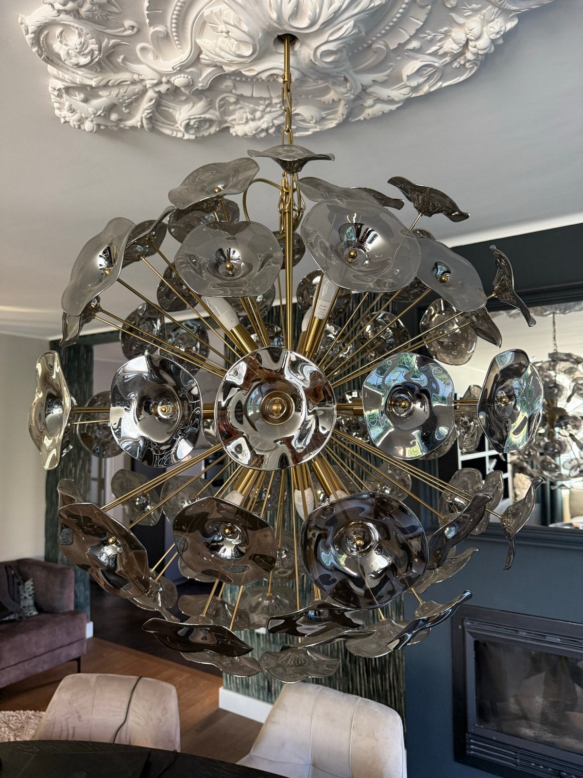 Kroonluchter messing/rookglas, Ophalen, Zo goed als nieuw, Glas, E14 (klein)