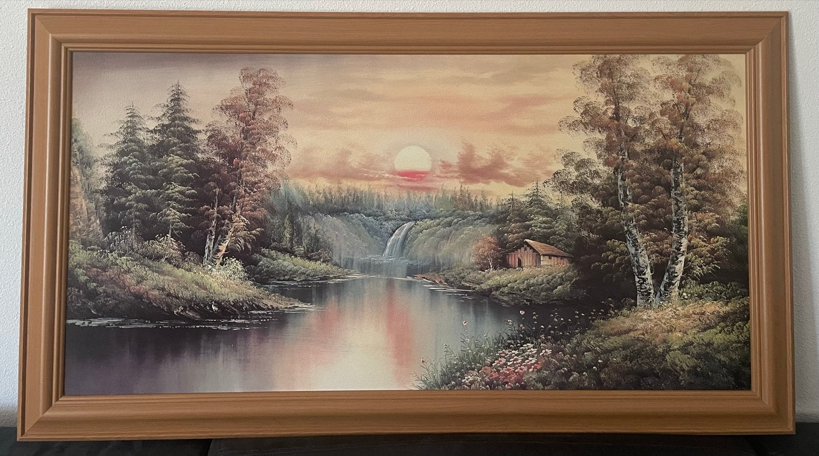 Schilderij zonsondergang met waterval en bos, Ophalen, Doek, Realistisch, Landschap