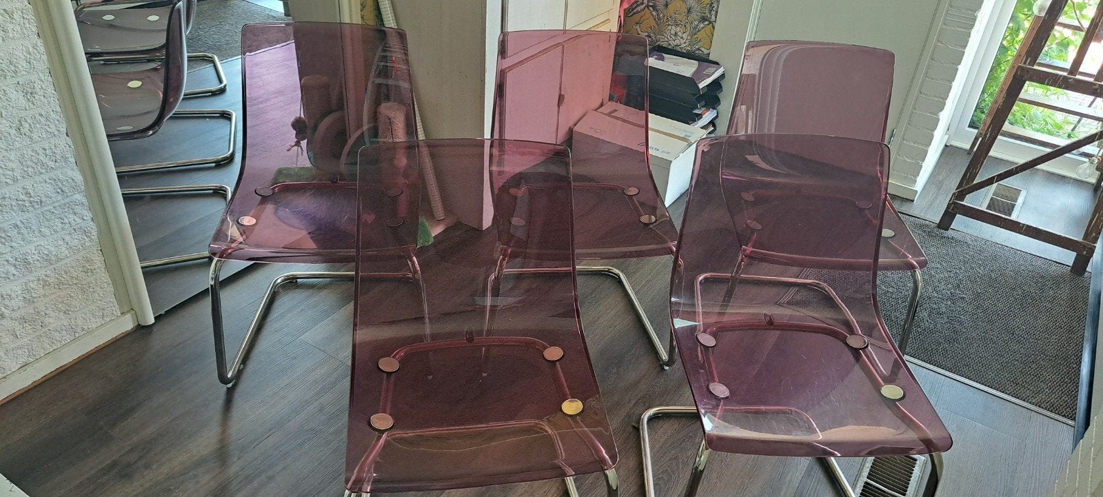 Gratis af te halen! Set van 3 paarse transparante stoelen, Ophalen, Gebruikt, Overige kleuren, Modern, Transparant