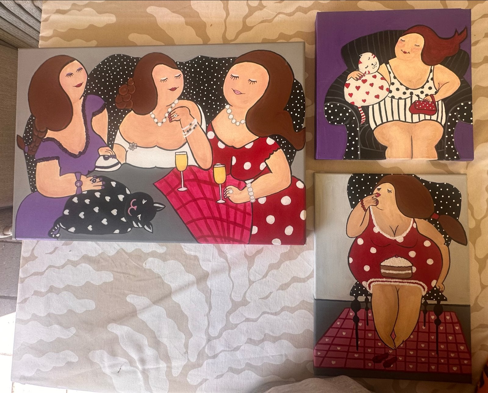 Set van 3 vrolijke schilderijen met dikke dames, Ophalen