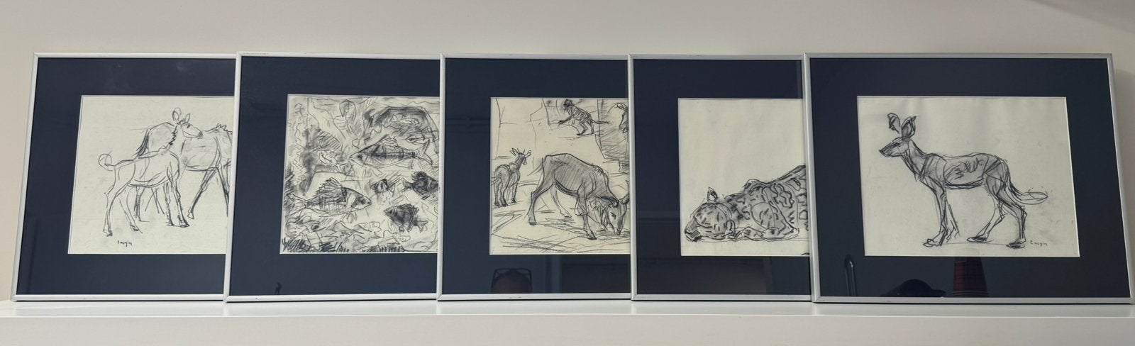 5 orginele oude houtskool tekeningen C.J. Mension artis art, Ophalen of Verzenden