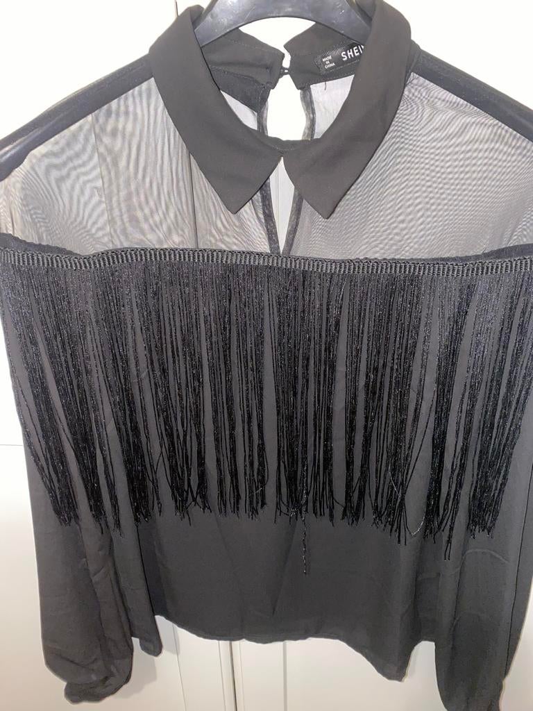 Blouse zwart franjes feestelijk, Ophalen of Verzenden, Gedragen, Maat 38/40 (M), Zwart