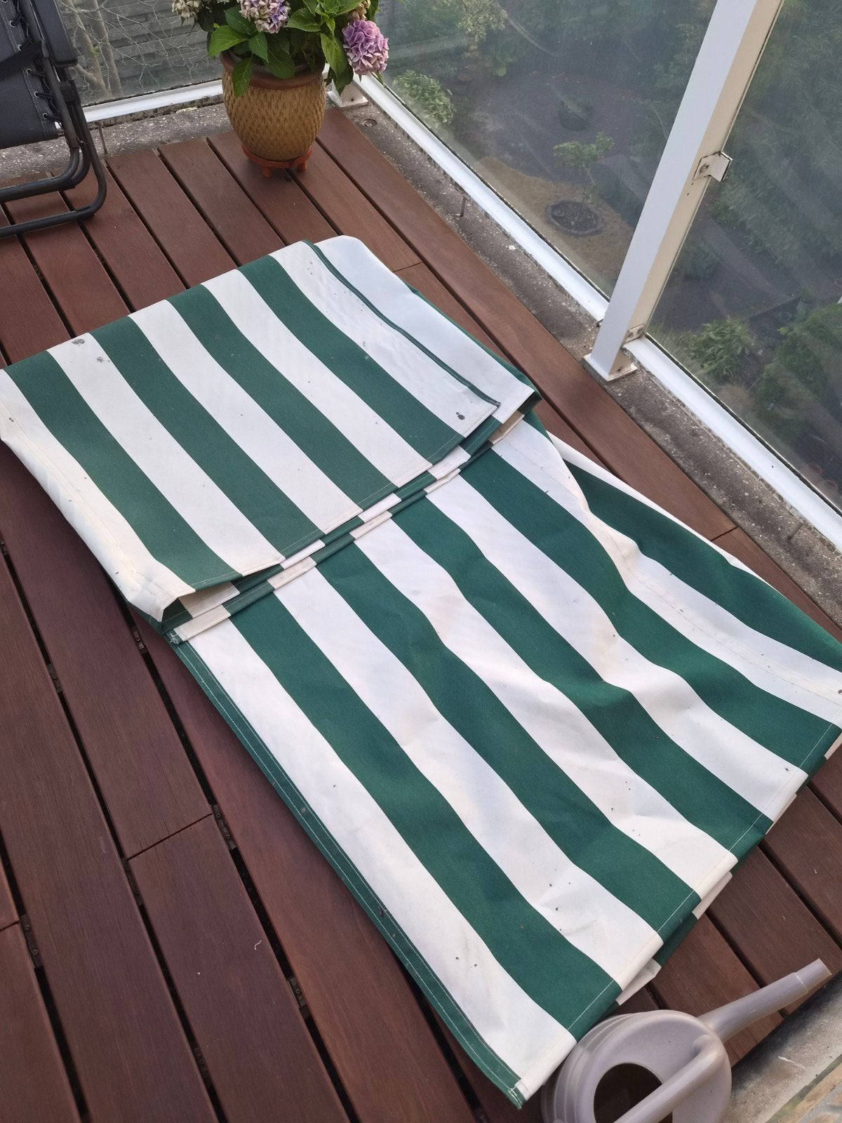 Zonnescherm doek 289x250cm, groen creme stroken, 150 tot 300 cm, Ophalen, Knikarmscherm