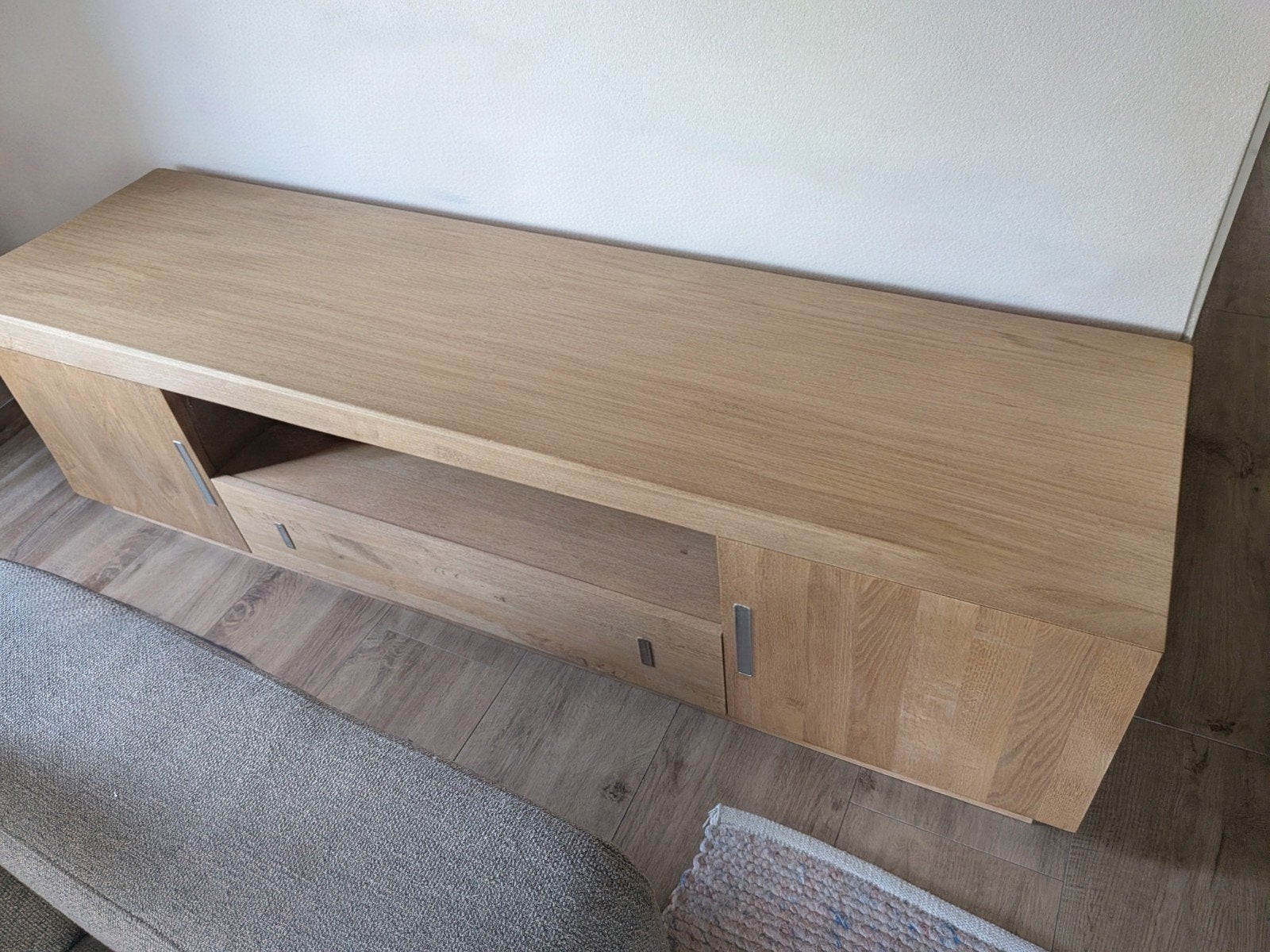 onbewerkte eikenhouten TV-meubel met lade en kasten, Ophalen, Gebruikt, 150 tot 200 cm, Eikenhout