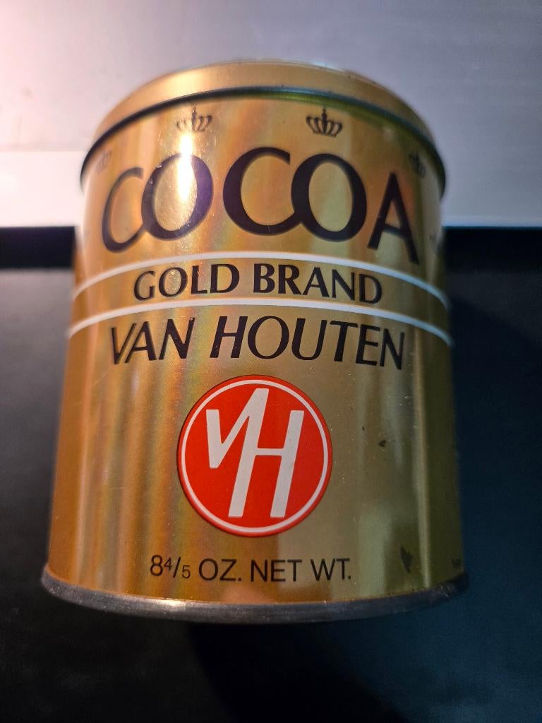 Vintage Van Houten Cocoa Gold Brand cacaoblik  Ø9 H10 cm, Ophalen, Gebruikt, Overige, Overige merken