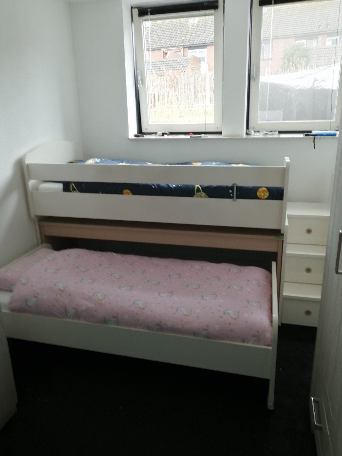 halfhoog-slaper met extra onderschuifbaar bed en bureau, Ophalen, 100 cm, Hoogslaper, Tweepersoons