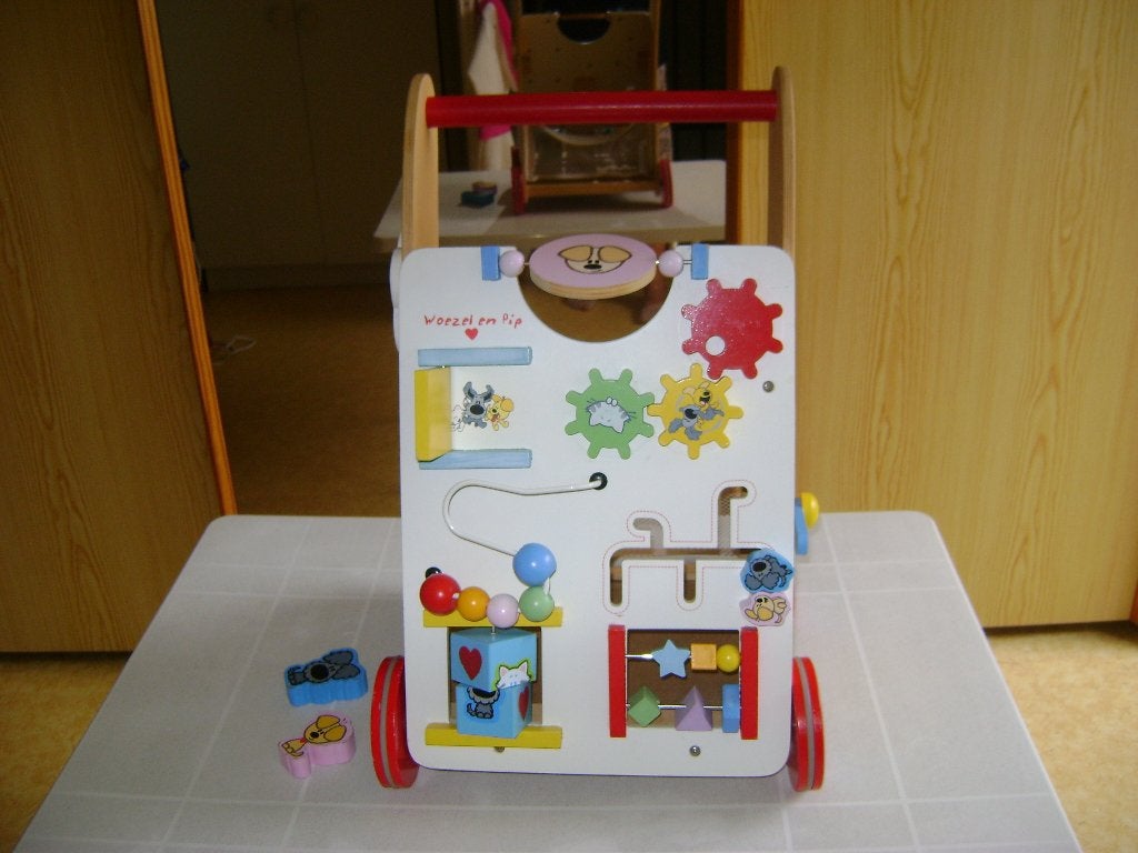 houten woezel en pip loopkar duwhoogte 49hx32br klok spiraal, Ophalen of Verzenden, Zo goed als nieuw, Duw- of Trekspeelgoed