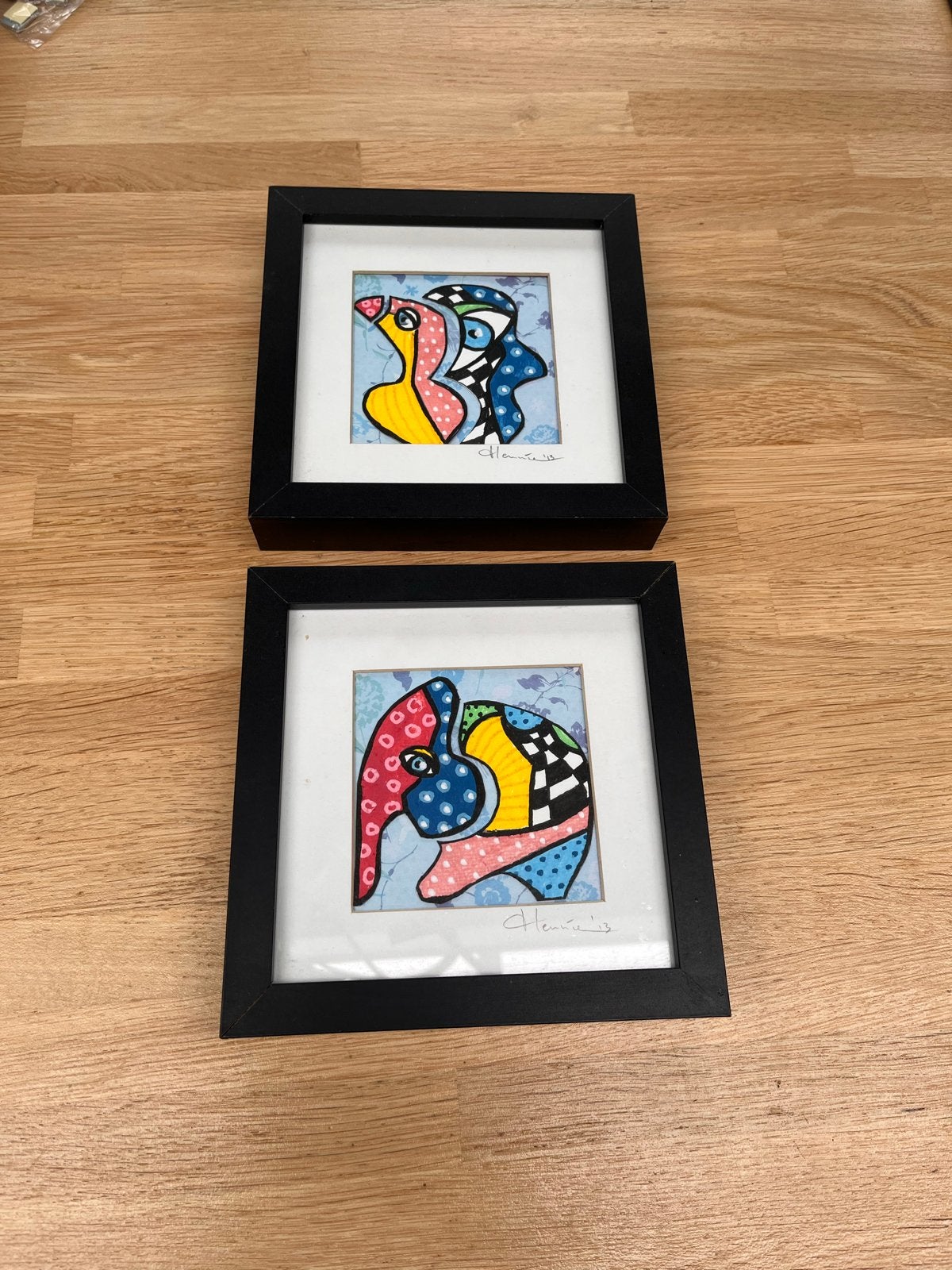 2 schilderijen van kunstenaar Hennie - Kleurrijke Dieren, Papier/karton, Ophalen of Verzenden, Dieren, Gesigneerd
