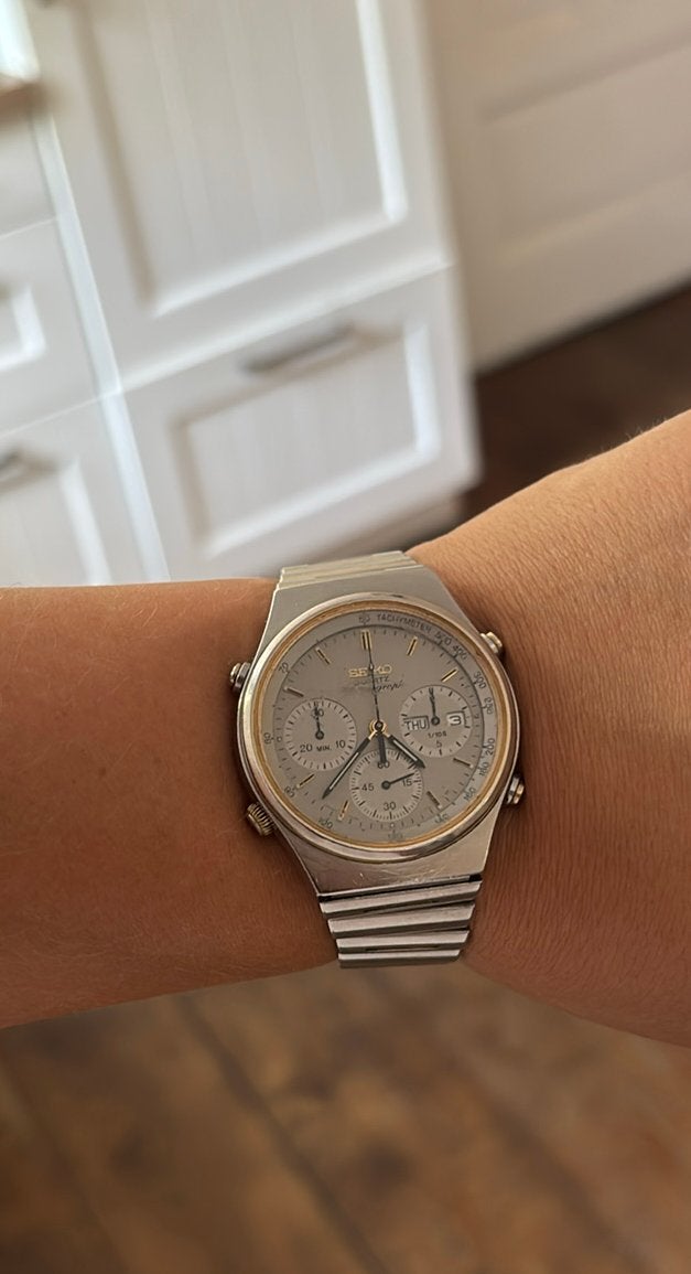 vintage Seiko chronograph 7A38 Polshorloge dag datum 80s, Ophalen of Verzenden, Zwart
