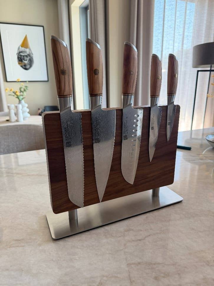 Xinzuo Damascus Messenset + Magnetisch Walnotenhouten Blok, Ophalen of Verzenden, Nieuw, Rvs of Chroom, Bestekset