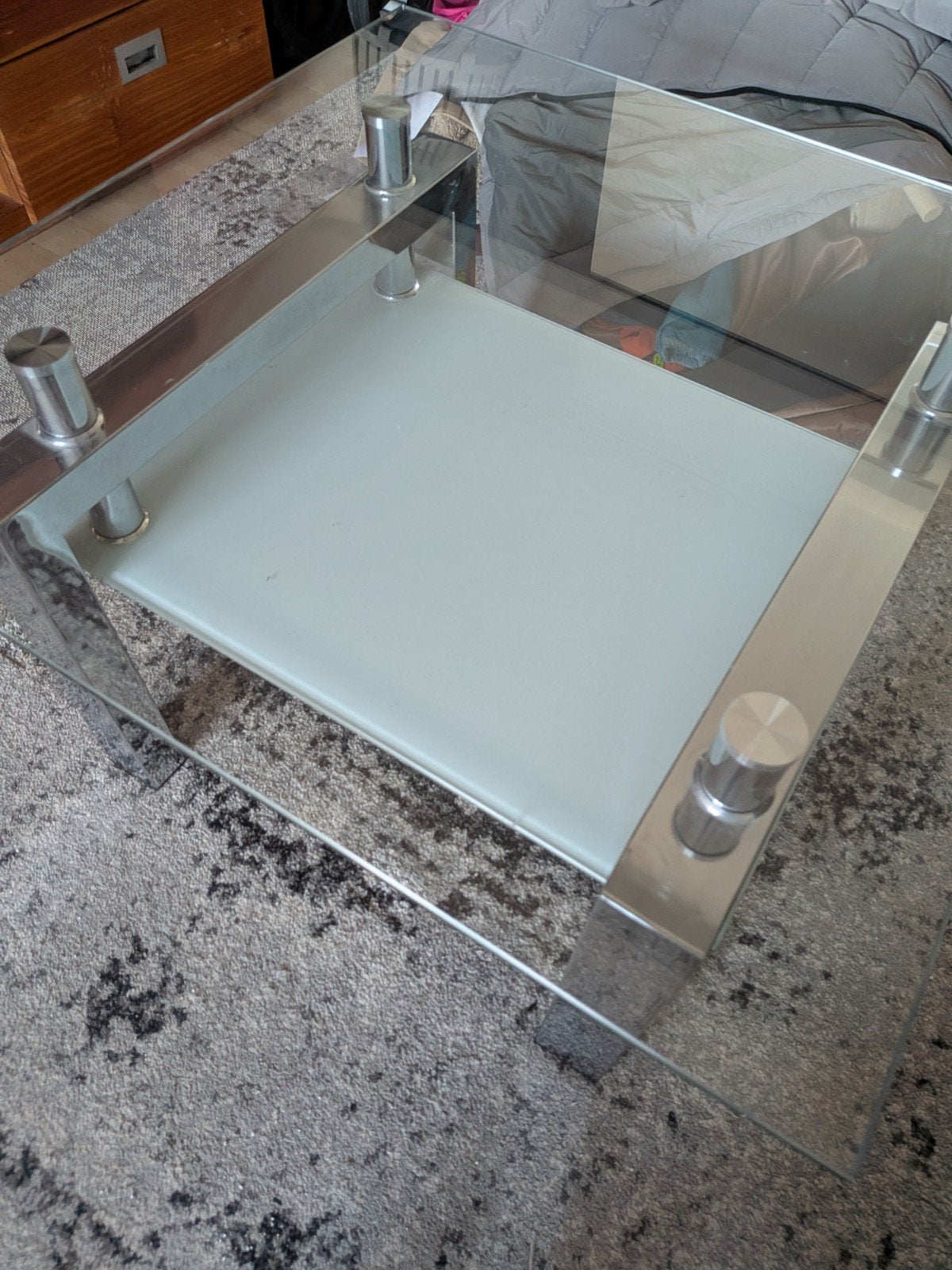 Glazen salontafel met metalen onderstel, Ophalen, Gebruikt, 50 tot 100 cm, Vierkant